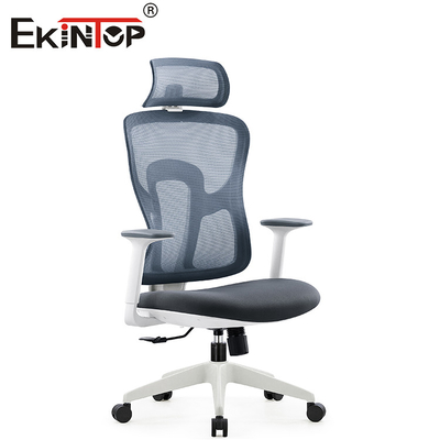 Szare, nowoczesne, obrotowe, ergonomiczne krzesło biurowe z zagłówkiem